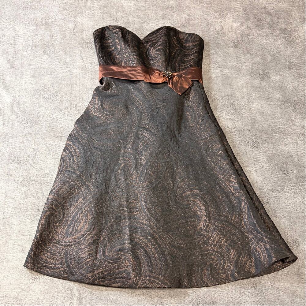 Brown Jacquard Paisley Swirl Strapless Dress